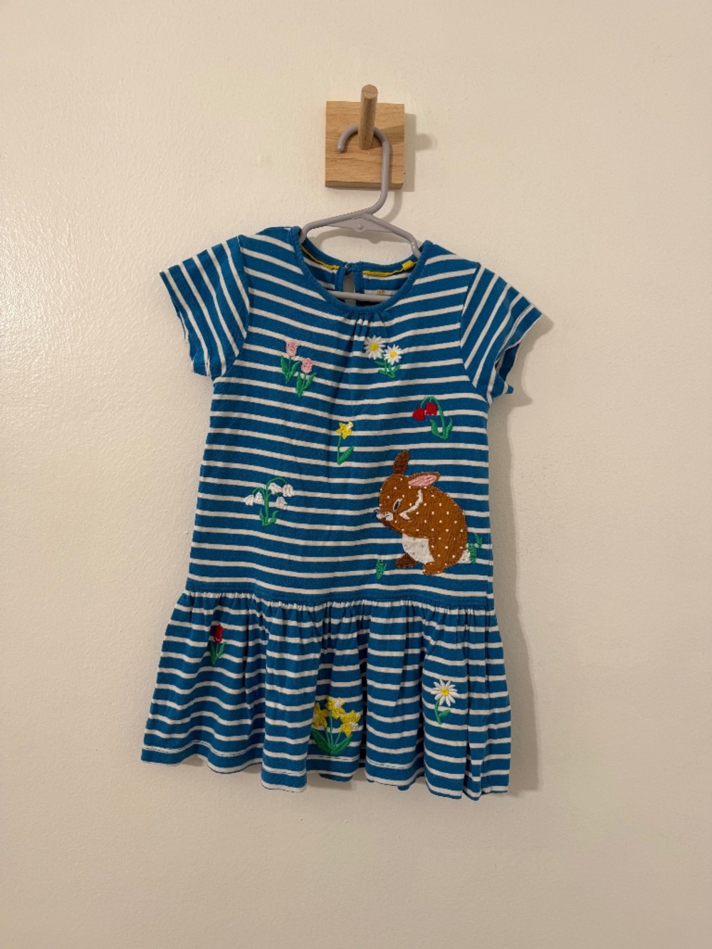 Mini Boden Blue Striped Dress Embroidered Florals Appliqué Bunny Easter Spring